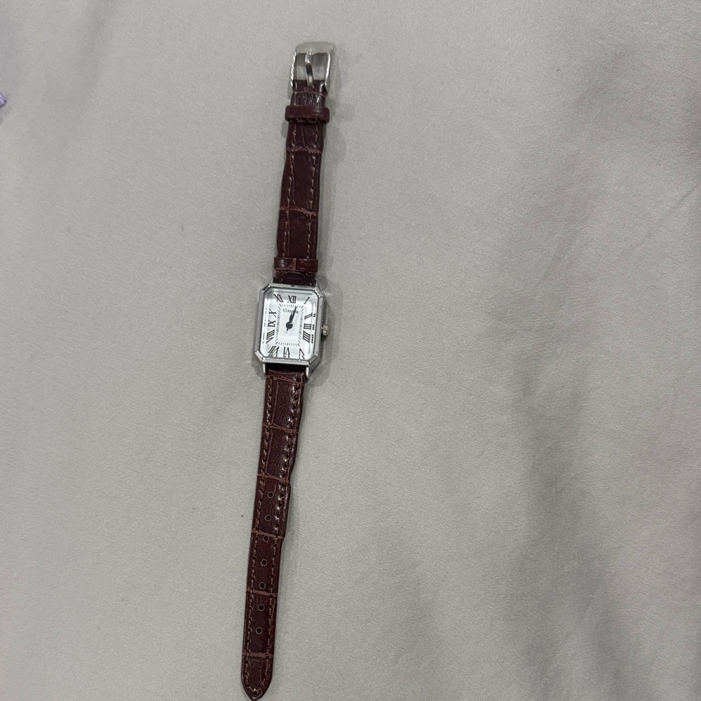 Vintage style ! Brown Leather Strap Silver Watch